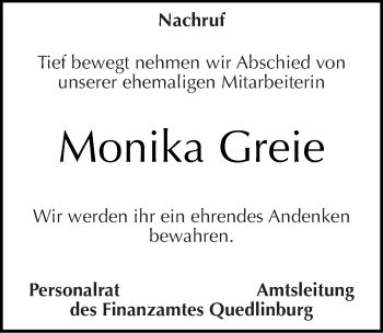 Traueranzeige von Monika Greie von Mitteldeutsche Zeitung Quedlinburg