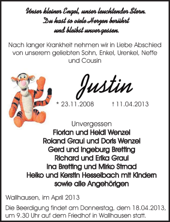 Traueranzeige von Justin  von Mitteldeutsche Zeitung Sangerhausen