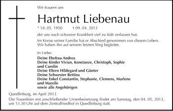 Traueranzeige von Hartmut Liebenau von Mitteldeutsche Zeitung Quedlinburg