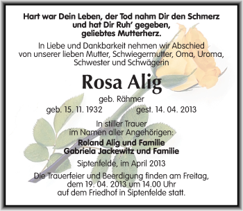 Traueranzeige von Rosa Alig von Mitteldeutsche Zeitung Quedlinburg