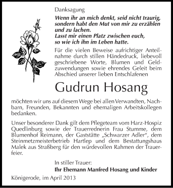 Traueranzeige von Gudrun Hosang von Mitteldeutsche Zeitung Quedlinburg