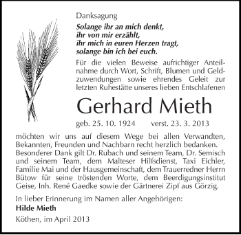 Traueranzeige von Gerhard Mieth von Mitteldeutsche Zeitung Köthen