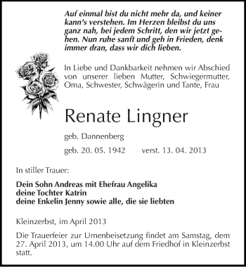 Traueranzeige von Renate Lingner von Mitteldeutsche Zeitung Köthen
