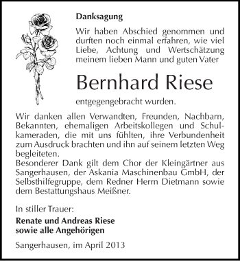 Traueranzeige von Bernhard Riese von Mitteldeutsche Zeitung Sangerhausen