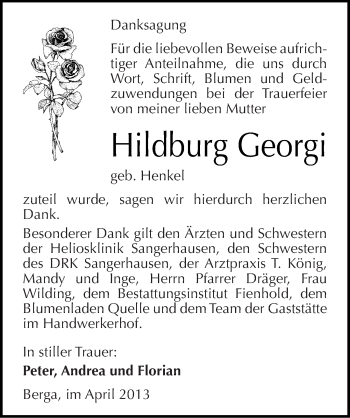 Traueranzeige von Hildburg Georgi von Mitteldeutsche Zeitung Sangerhausen