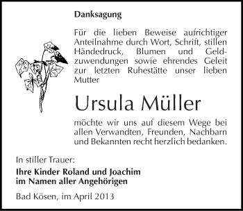 Traueranzeige von Ursula Müller von Mitteldeutsche Zeitung Naumburg/Nebra