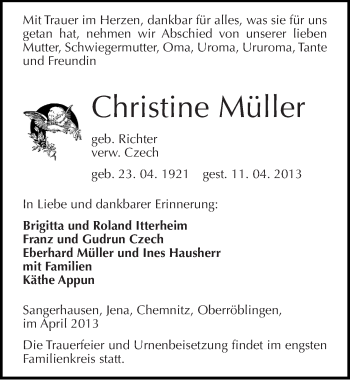 Traueranzeige von Christine Müller von Mitteldeutsche Zeitung Sangerhausen