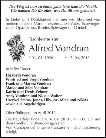 Traueranzeige von Alfred Vondran von Mitteldeutsche Zeitung Sangerhausen