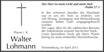 Traueranzeige von Walter Lohmann von Mitteldeutsche Zeitung Aschersleben