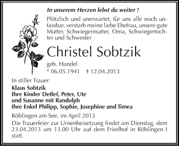 Traueranzeige von Christel Sobtzik von Mitteldeutsche Zeitung Aschersleben