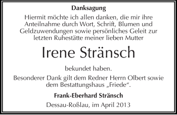 Traueranzeige von Irene Stränsch von Mitteldeutsche Zeitung Dessau-Roßlau
