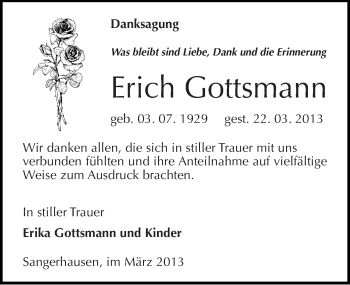Traueranzeige von Erich Gottsmann von Mitteldeutsche Zeitung Sangerhausen