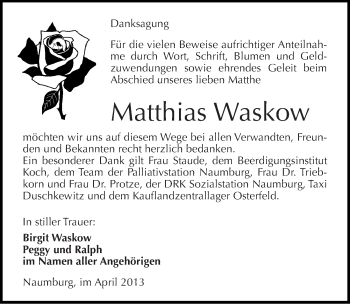 Traueranzeige von Matthias Waskow von Mitteldeutsche Zeitung Naumburg/Nebra