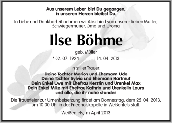 Traueranzeige von Ilse Böhme von Mitteldeutsche Zeitung Weißenfels