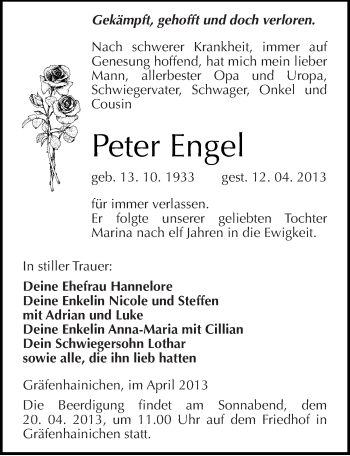 Traueranzeige von Peter Engel von Mitteldeutsche Zeitung Wittenberg