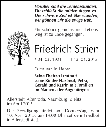 Traueranzeige von Friedrich Strien von Mitteldeutsche Zeitung Naumburg/Nebra