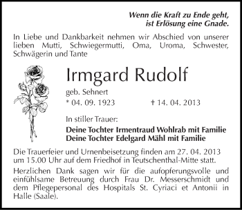 Traueranzeige von Irmgard Rudolf von Mitteldeutsche Zeitung Halle/Saalkreis