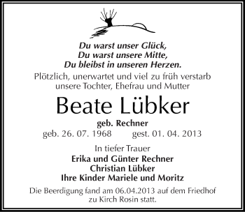 Traueranzeige von Beate Lübker von Mitteldeutsche Zeitung Halle/Saalkreis
