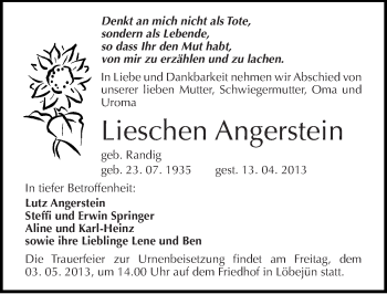 Traueranzeige von Lieschen Angerstein von Mitteldeutsche Zeitung Halle/Saalkreis