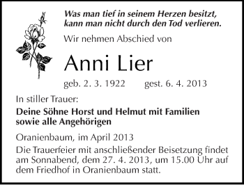Traueranzeige von Anni Lier von Mitteldeutsche Zeitung Wittenberg