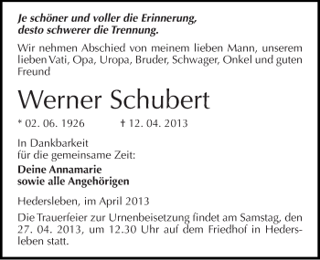 Traueranzeige von Werner Schubert von Mitteldeutsche Zeitung Aschersleben