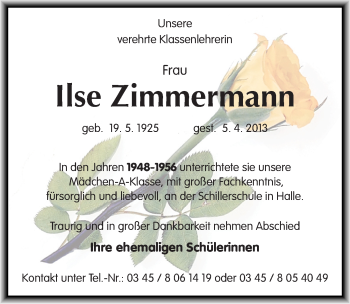 Traueranzeige von Ilse Zimmermann von Mitteldeutsche Zeitung Halle/Saalkreis