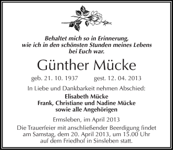 Traueranzeige von Günther Mücke von Mitteldeutsche Zeitung