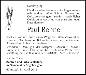 Traueranzeige von Paul Renner von Mitteldeutsche Zeitung Halle/Saalkreis