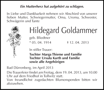 Traueranzeige von Hildegard Goldammer von Mitteldeutsche Zeitung Merseburg/Querfurt