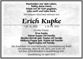 Traueranzeige von Erich Kupke von Mitteldeutsche Zeitung Quedlinburg