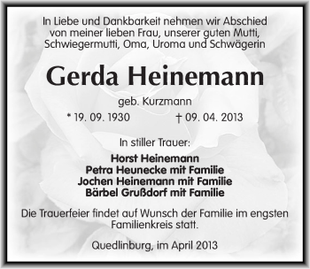 Traueranzeige von Gerda Heinemann von Mitteldeutsche Zeitung Quedlinburg