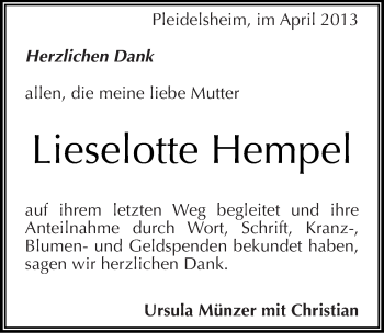 Traueranzeige von Lieselotte Hempel von Mitteldeutsche Zeitung Bitterfeld