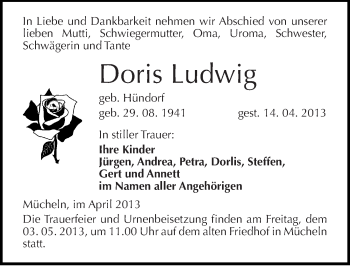 Traueranzeige von Doris Ludwig von Mitteldeutsche Zeitung Merseburg/Querfurt
