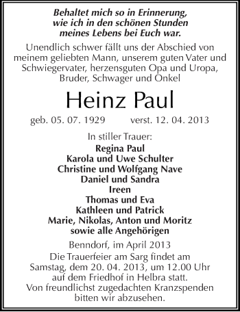 Traueranzeige von Heinz Paul von Mitteldeutsche Zeitung Aschersleben