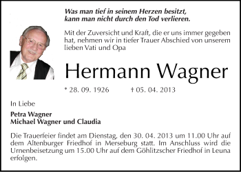 Traueranzeige von Hermann Wagner von Mitteldeutsche Zeitung Merseburg/Querfurt