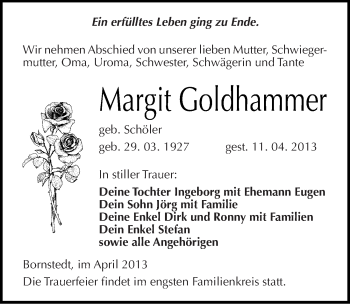 Traueranzeige von Margit Goldhammer von Mitteldeutsche Zeitung Aschersleben