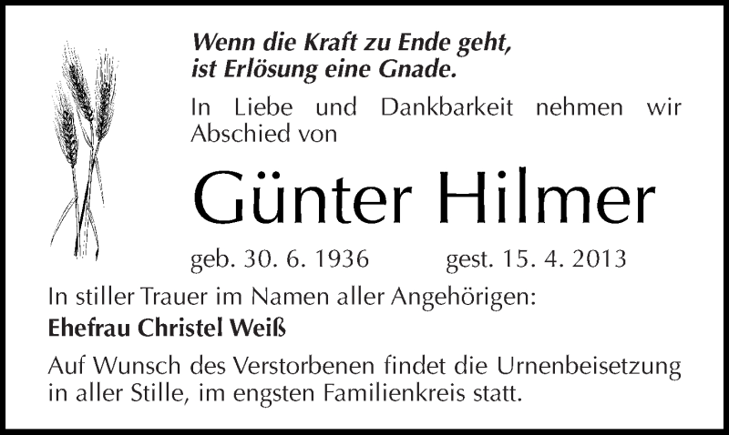  Traueranzeige für Günter Hilmer vom 20.04.2013 aus Mitteldeutsche Zeitung Halle/Saalkreis