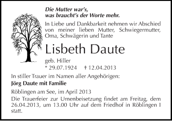 Traueranzeige von Lisbeth Daute von Mitteldeutsche Zeitung Aschersleben
