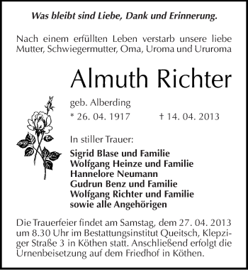 Traueranzeige von Almuth Richter von Mitteldeutsche Zeitung Köthen