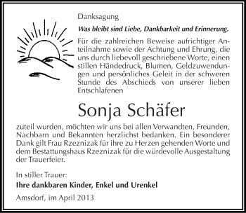 Traueranzeige von Sonja Schäfer von Mitteldeutsche Zeitung Aschersleben
