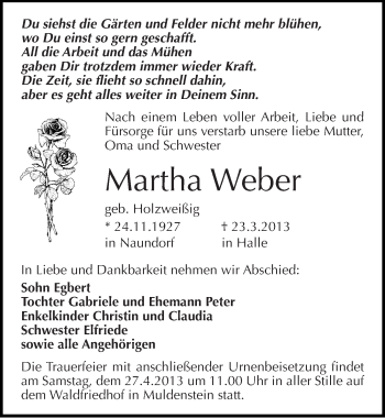 Traueranzeige von Martha Weber von Mitteldeutsche Zeitung Halle/Saalkreis