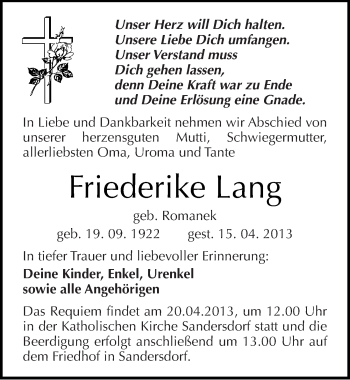Traueranzeige von Friederike Lang von Mitteldeutsche Zeitung Bitterfeld