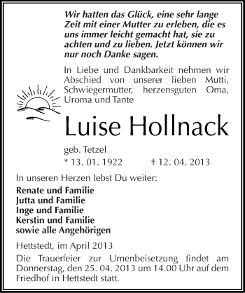 Traueranzeige von Luise Hollnack von Mitteldeutsche Zeitung Aschersleben