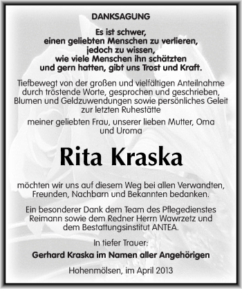 Traueranzeige von Rita Kraska von Mitteldeutsche Zeitung Weißenfels