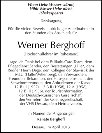 Traueranzeige von Werner Berghoff von Mitteldeutsche Zeitung Dessau-Roßlau