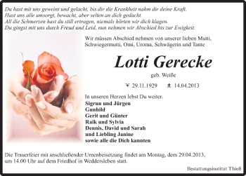 Traueranzeige von Lotti Gerecke von Mitteldeutsche Zeitung Quedlinburg