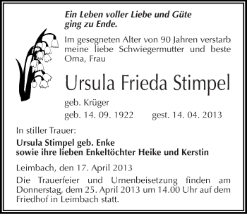 Traueranzeige von Ursula Frieda Stimpel von Mitteldeutsche Zeitung Aschersleben