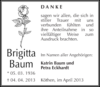 Traueranzeige von Brigitta Baum von Mitteldeutsche Zeitung Köthen