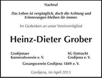 Traueranzeige von Heinz-Dieter Grober von Mitteldeutsche Zeitung Naumburg/Nebra