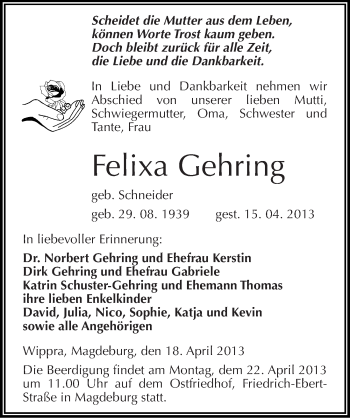 Traueranzeige von Felixa Gehring von Mitteldeutsche Zeitung Aschersleben